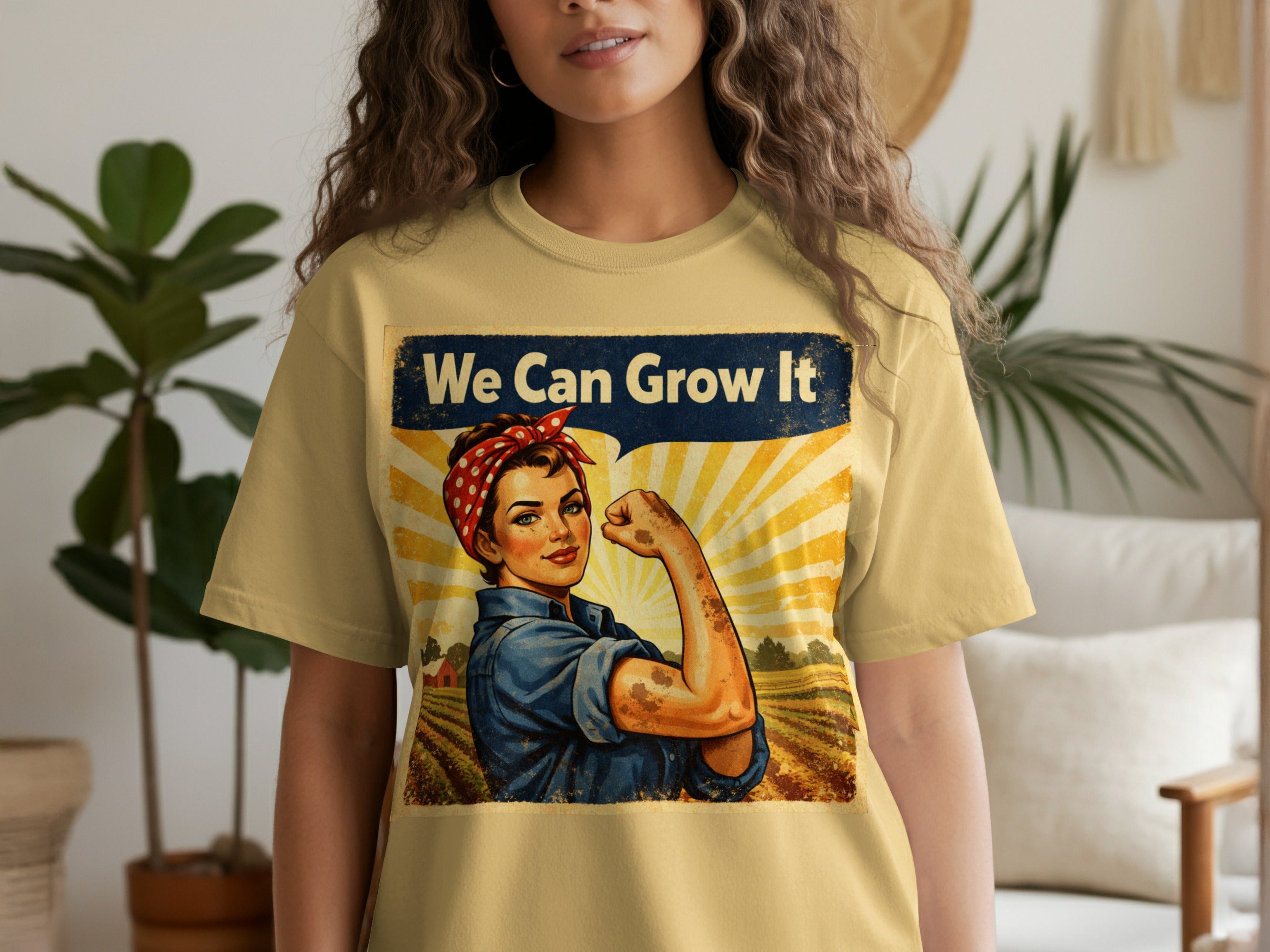 Rosie the Riveter themed graphic with text "We Can Grow It" over a farm landscape.
