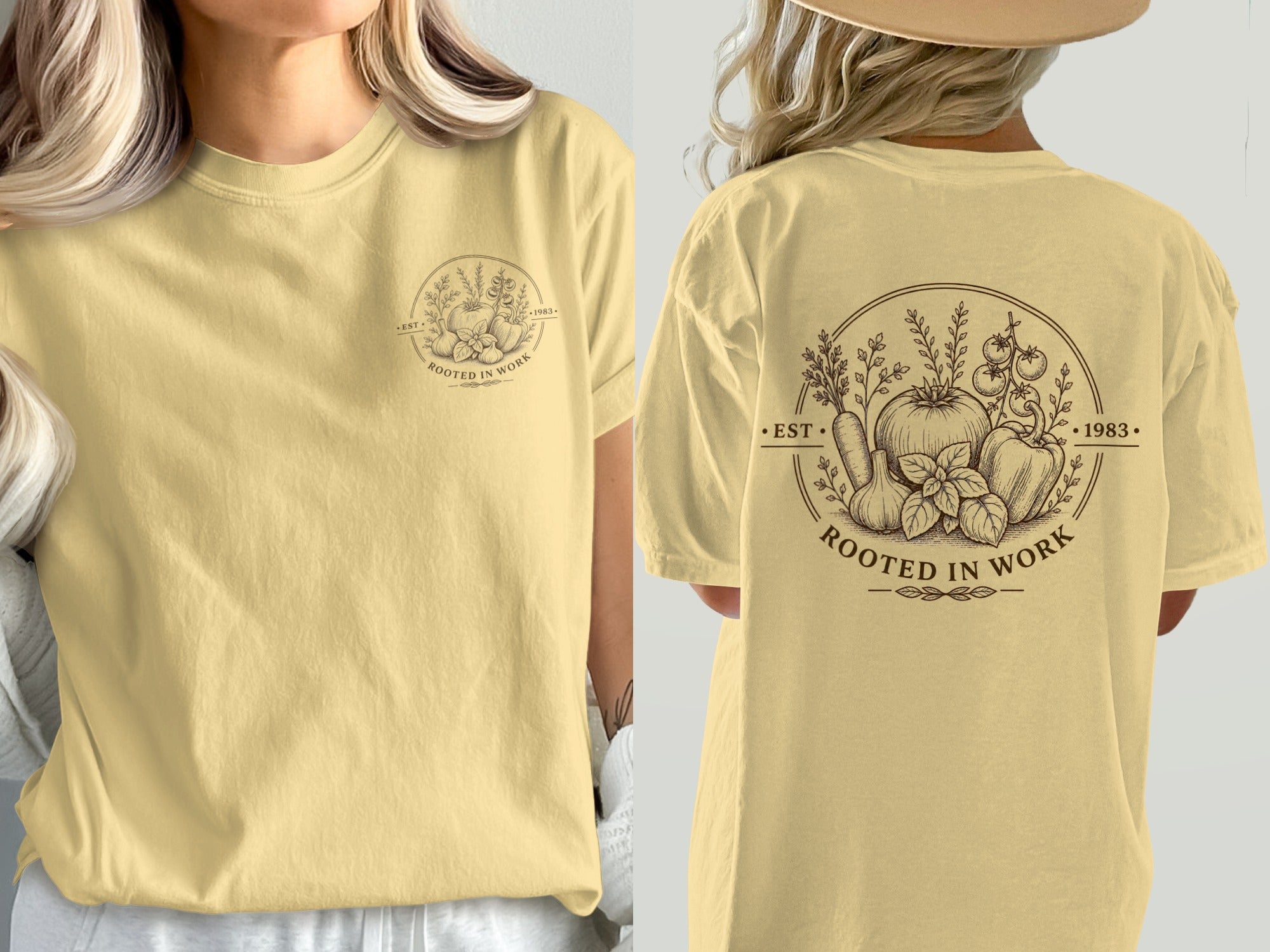 Yellow t-shirt with circular logo featuring vegetables, herbs, and text "Rooted in Work" and "Est. 1983".