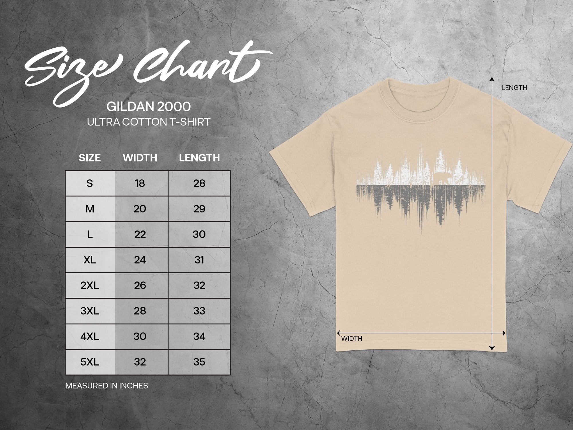 Gildan 2000 Ultra Cotton T-Shirt size chart with measurements in inches.
