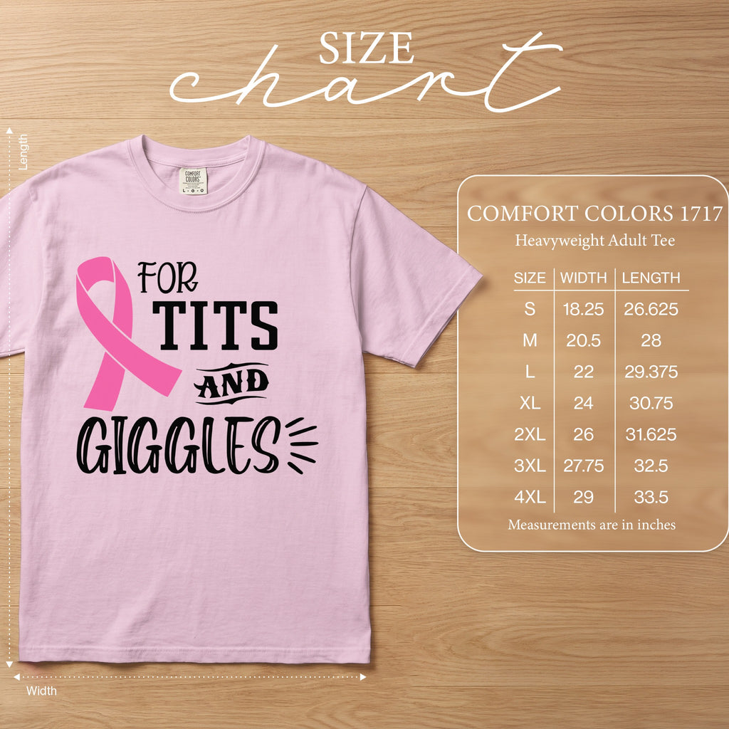 Pink t-shirt with "FOR TITS AND GIGGLES" text and breast cancer ribbon. Size chart included.