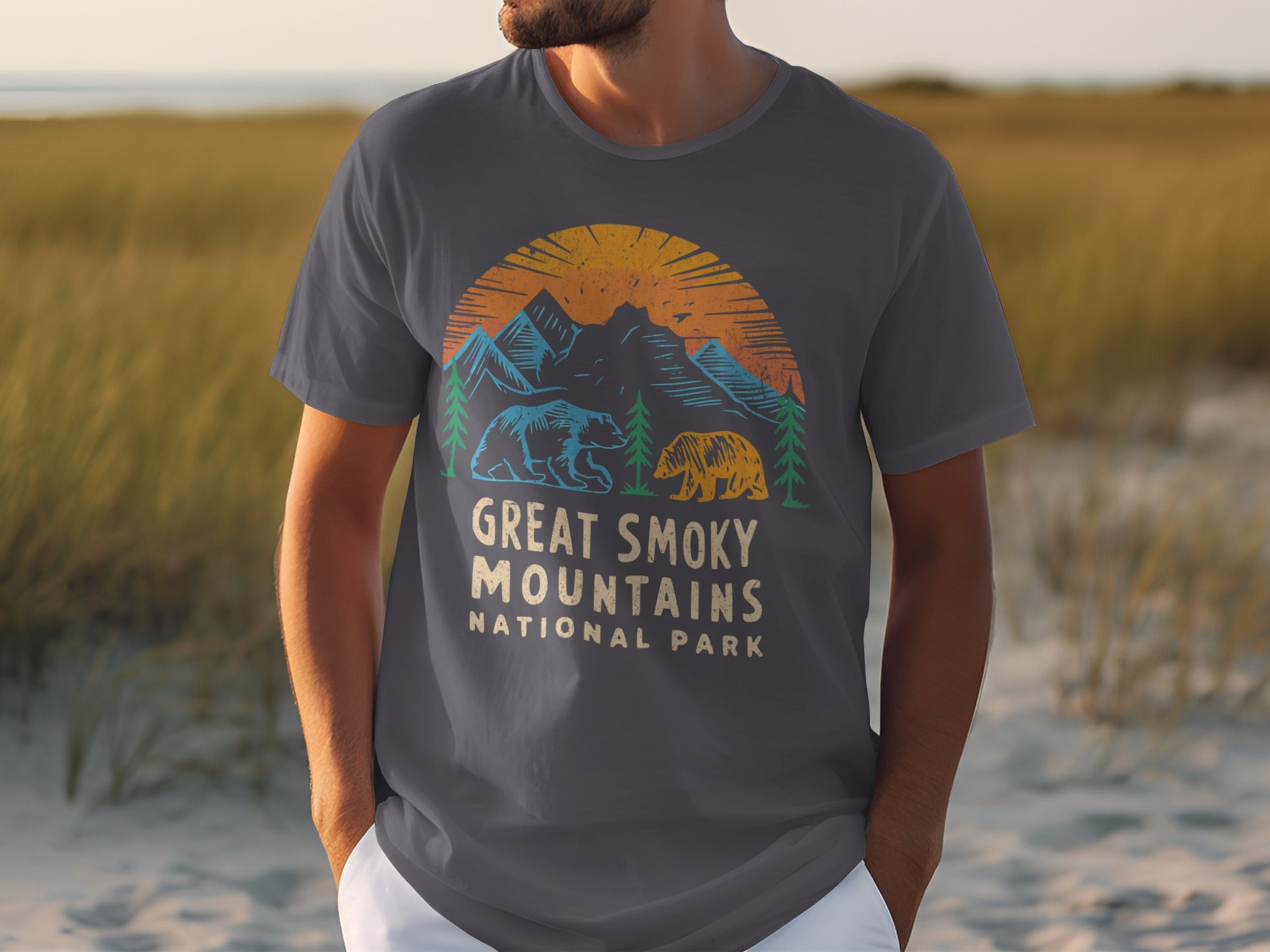 Dark grey t-shirt with Great Smoky Mountains National Park graphic featuring bears and mountains.
