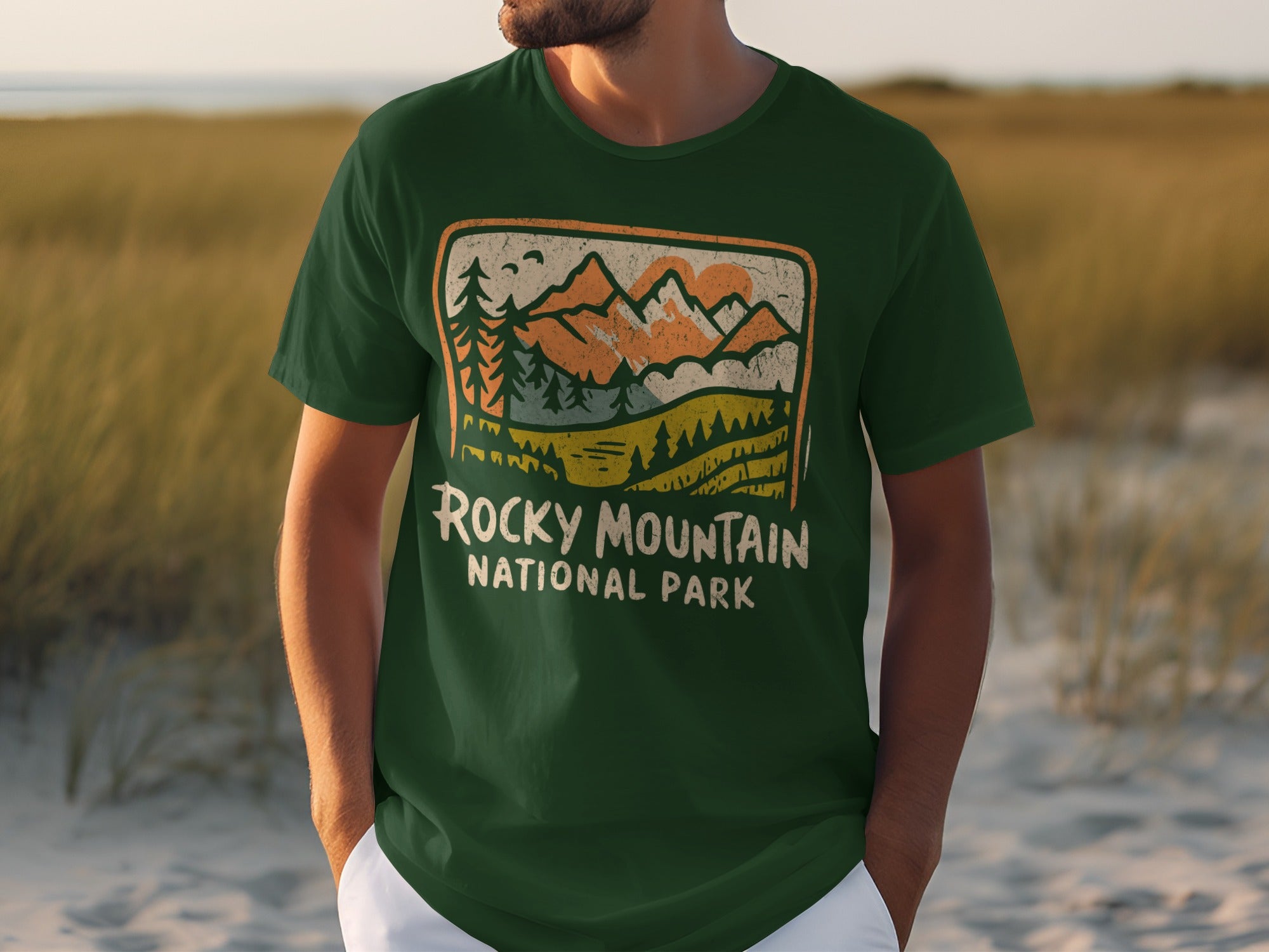 Green t-shirt with Rocky Mountain National Park graphic on chest