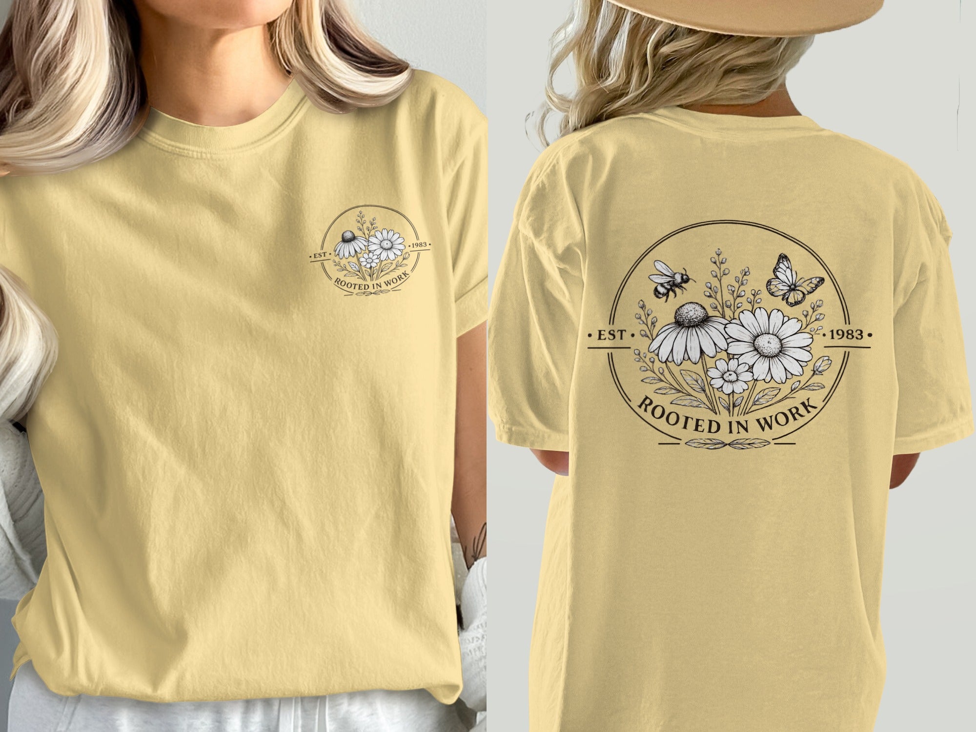 Yellow t-shirt with round floral graphic and text "Rooted in Work".