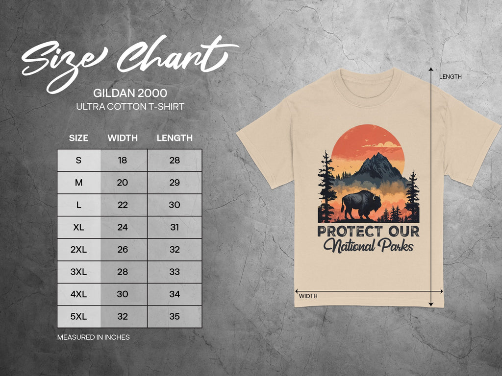 Gildan 2000 Ultra Cotton T-Shirt size chart with measurements in inches.